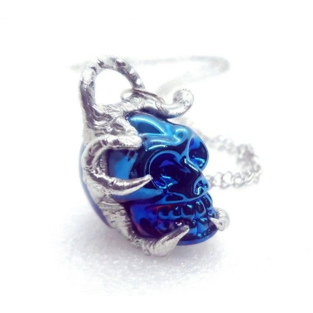 Titanium blue horned skull necklace mens jewelry fantasy cosplay jewelry